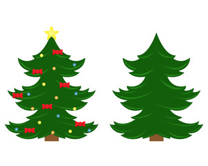 Two vector Christmas trees. Christmas tree before decorating and after with Christmas decorations. Flat isolated illustration.