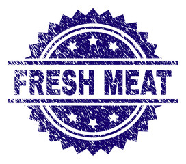 FRESH MEAT stamp seal watermark with distress style. Blue vector rubber print of FRESH MEAT text with scratched texture.