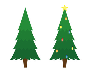 Fototapeta na wymiar Two vector Christmas trees. Christmas tree before decorating and after with Christmas decorations. Flat isolated illustration.