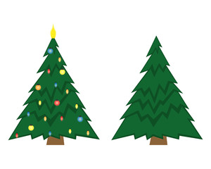 Two vector Christmas trees. Christmas tree before decorating and after with Christmas decorations. Flat isolated illustration.