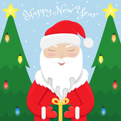 Christmas greeting card with Santa Claus with a gift in hand and Christmas trees. Flat cartoon illustration.