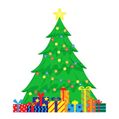 Flat illustration with decorated Christmas tree and Christmas gifts under it.
