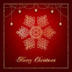 Illustration of christmas greeting card or invitation with decorative snowflake, golden beads and confetti on red background
