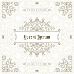 Fototapeta premium Vintage frame with hand drawn corner patterns. Greeting card, invitation or label template