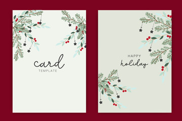 Holidays card template with leaf and red berry