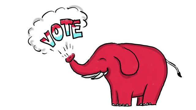 2d Animation motion graphics showing a drawing of a red American elephant blowing the word "Vote" from it's trunk  on white screen in HD high definition.