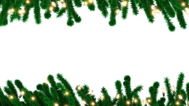 Decorated Christmas tree branches with garland bulbs isolated on white background, luma matte