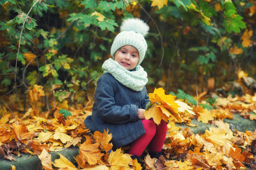 Autumn portrait of a little girl on a walk in the Park . Child in hat, coat and scarf