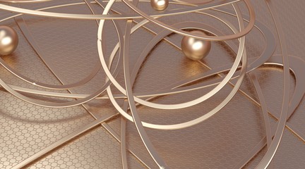 Abstract composition of gold objects: balls and rings on a gold background. Fantasy of luxury. 3D illustration