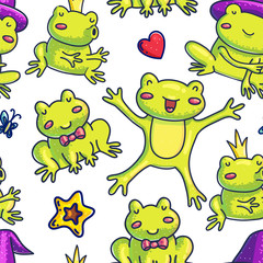 Frog characters hand drawn vector seamless pattern