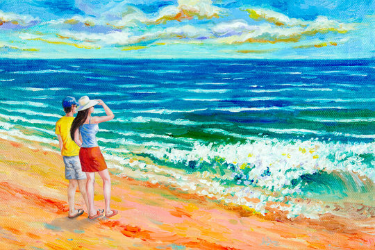 Oil color paintings seascape of beauty beach.