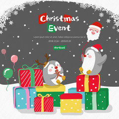 Merry Christmas events. Happy New Year holidays! Vector events poster with Penguin, gift box, balloon, santa, snowflake