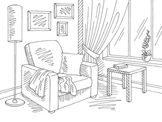 Living room graphic black white armchair interior sketch illustration vector