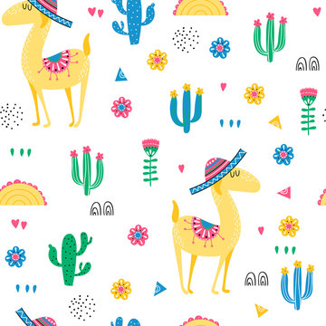 Seamless pattern with llama and cacti