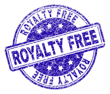 ROYALTY FREE stamp seal watermark with distress texture. Designed with rounded rectangles and circles. Blue vector rubber print of ROYALTY FREE title with unclean texture.
