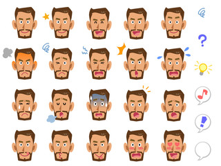 髭を蓄えた褐色の肌の男性の20種類の表情