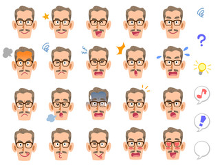 メガネをかけて髯を蓄えた年配の男性の20種類の表情