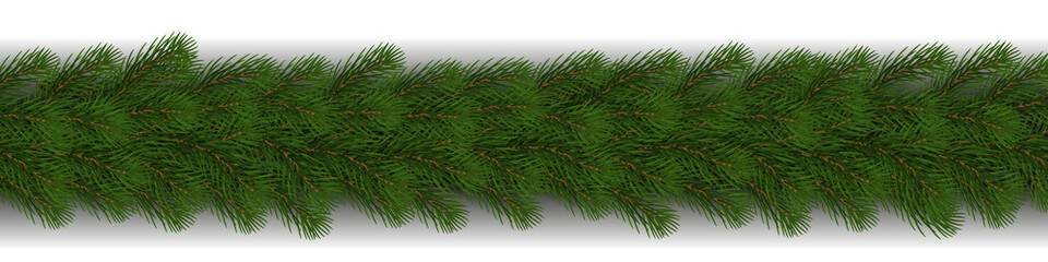 Green Christmas border of pine branch with shadow vector isolated on white background. Xmas garland 