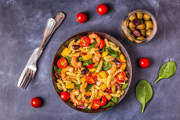 Fusili pasta salad with shrimps.