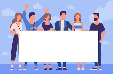 people holding blank white banner