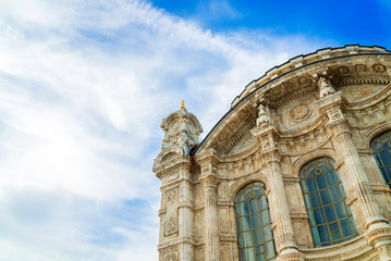 ortakoy mosque under the blue sky, old mosque wall, marble wall texture