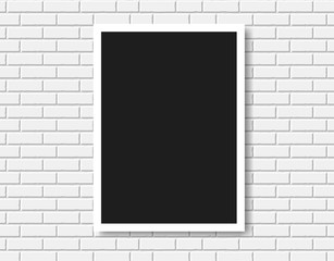 Gallery Interior with empty frame on brick wall. Vector.