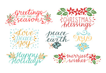 Collection with 7 Holiday cards made hand lettering Christmas Blessings. Love, peace, joy. Merriest wishes