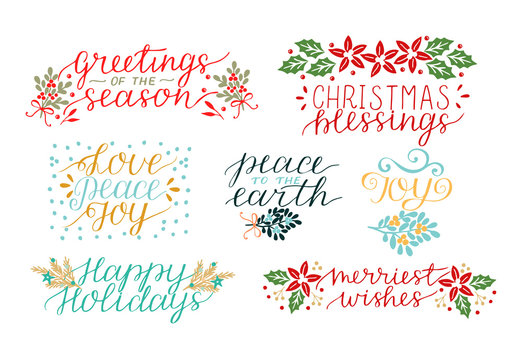 Collection With 7 Holiday Cards Made Hand Lettering Christmas Blessings. Love, Peace, Joy. Merriest Wishes