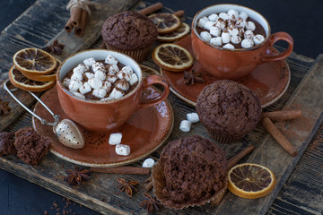hot chocolate with marshmallows and chocolate cupcakes on a dark table - dessert background. Close up