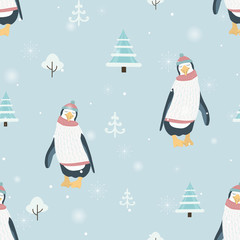New Year Christmas winter season seamless pattern. Cute penguin cartoon character wearing warm clothing. Funny posture. Blue background with xmas trees, snowflakes, snow. Vector design illustration.