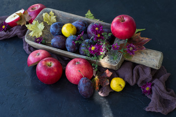 on a dark table autumn harvest: red apples, plums, autumn flowers