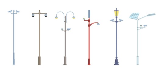Posts with security cameras. Video surveillance CCTV camera. Territory monitoring devices. Flat style. Vector illustration.