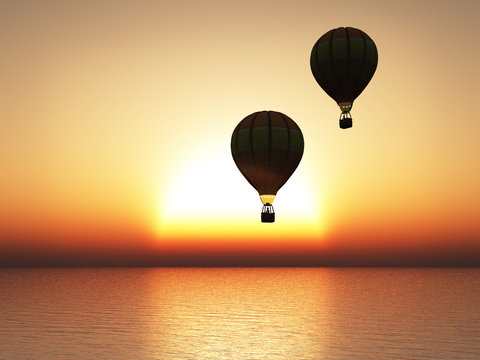 3D rendering of sunset with hot air balloons in silhouette.