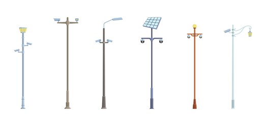 Posts with security cameras. Video surveillance CCTV camera. Territory monitoring devices. Flat style. Vector illustration.