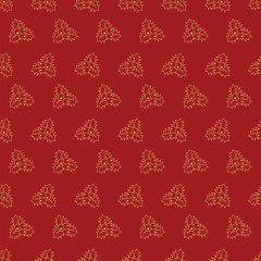 Hand drawn Merry Christmas and Happy New Year doodle gold and red  seamless pattern  with Holly berry leaves