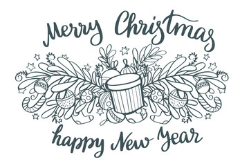 Happy new year - lettering Christmas holiday calligraphy phrase and gifts, balls, decor isolated on the background.