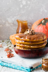 Spicy pumpkin pancakes with salted caramel topping