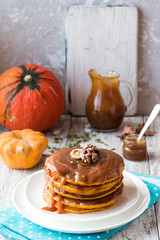 Spicy pumpkin pancakes with salted caramel topping