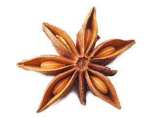 Top view of dry star anise fruit and seeds isolated on white