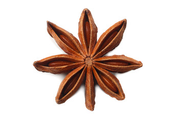 Top view of dry star anise fruit and seeds isolated on white