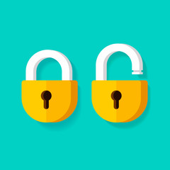 Lock open and padlock closed vector 3d icons, flat cartoon pad locks golden yellow design isolated illustration graphic clipart