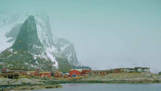Cinematic shot of stockfish on the racks in Reine, Norway