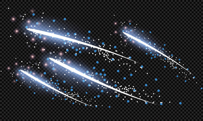Comet flying on a transparent background. Vector illustration of abstract flare light rays. A set of stars, light and radiance, rays and brightness.