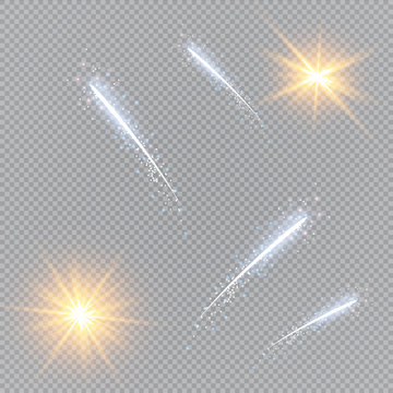 Comet flying on a transparent background. Vector illustration of abstract flare light rays. A set of stars, light and radiance, rays and brightness.