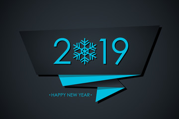 2019 Happy New Year banner with 2019 creative text design and snowflake on black background. Vector illustration.