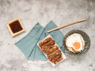 Rice with teriyaki chicken grill or teriyaki don in Japanese style set. Ready to eat set.