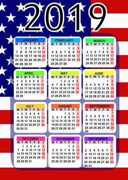 Calendar 2019 with flag of USA.