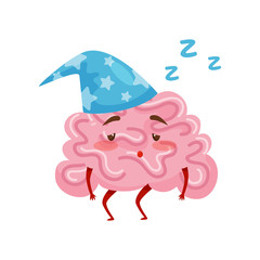 Sleepy tired humanized brain in blue nightcap. Cartoon character of human organ. Flat vector icon