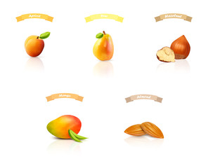 Fruit and nuts: apricot,pear,hazelnut,mango,almond