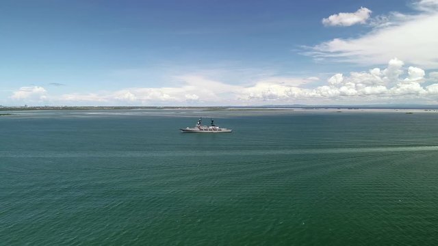Aerial view of single military boat near Lapu-Lapu city, Philippines.